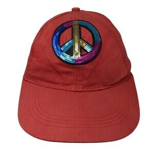 Peace Sign Sequin Strapback Hat Red One Size Adjustable Solid Outdoor
